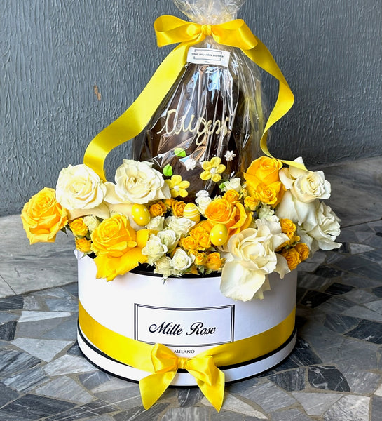 PASQUA - MILLION BOX - GIALLO E BIANCO ROSE - UOVO DI CIOCCOLATO - BOX ROSA