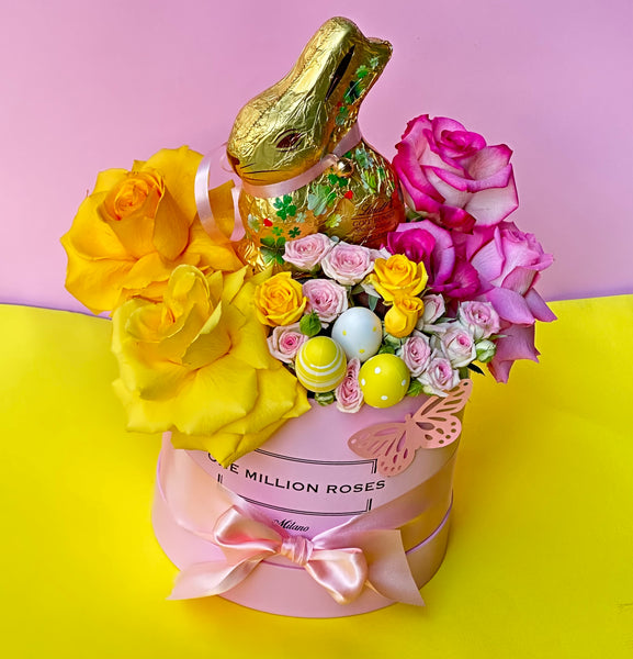 PASQUA - SMALL BOX - GIALLO E ROSA ROSE - CONIGLIO DI CIOCCOLATO - BOX ROSA