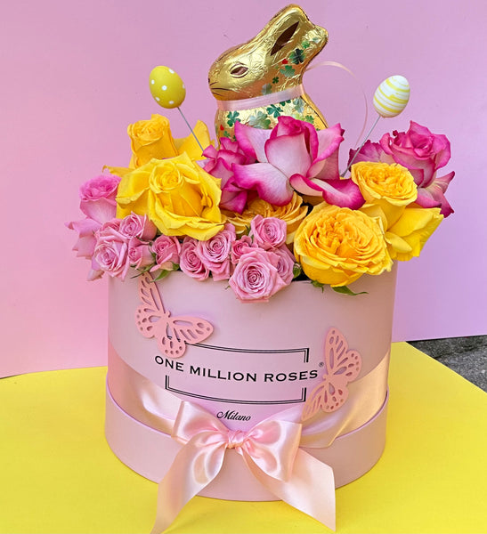 PASQUA - MEDIUM BOX - GIALLO E ROSA ROSE - CONIGLIO DI CIOCCOLATO - BOX ROSA