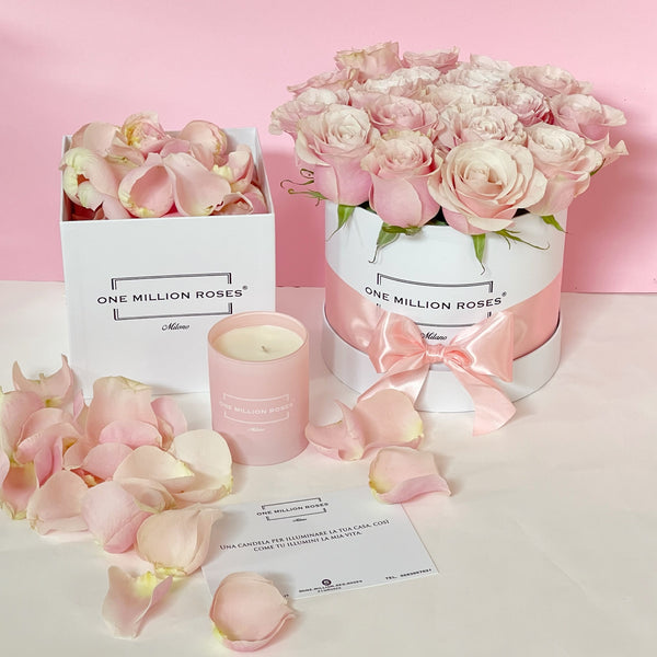 ROMANTIC EXPERIENCE SET-  Small Box Bianco - Rose Rosa - Rose Petali Rosa - Candela Rosa